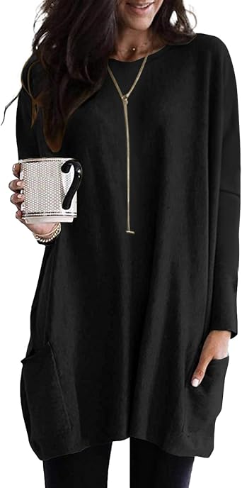 Womens Long Sleeve Long Tunic Tops for Leggings Plus Size Tunics Shirt with Pockets