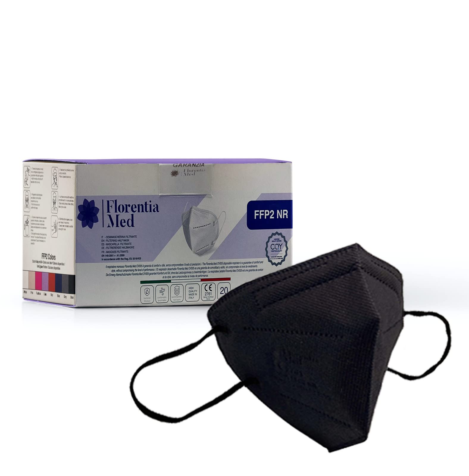 Florentia Med Schwarze FFP2-Masken MADE IN ITALY CE-zertifizierte Kategorie PSA: III, konform mit EN 149: 2001 + A1: 2009. Karton mit 20 Stück Einzeln verpackt und versiegelt