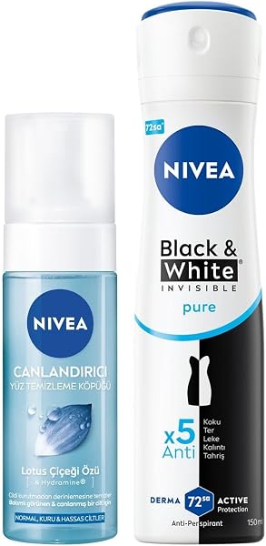 NIVEA Kadın Sprey Deodorant Black&White Invisible Pure 72 Saat Anti-Perspirant Koruma, 150 ml + NIVEA Yüz Yıkama Köpüğü Canlandırıcı, Normal Ciltler 150 ml