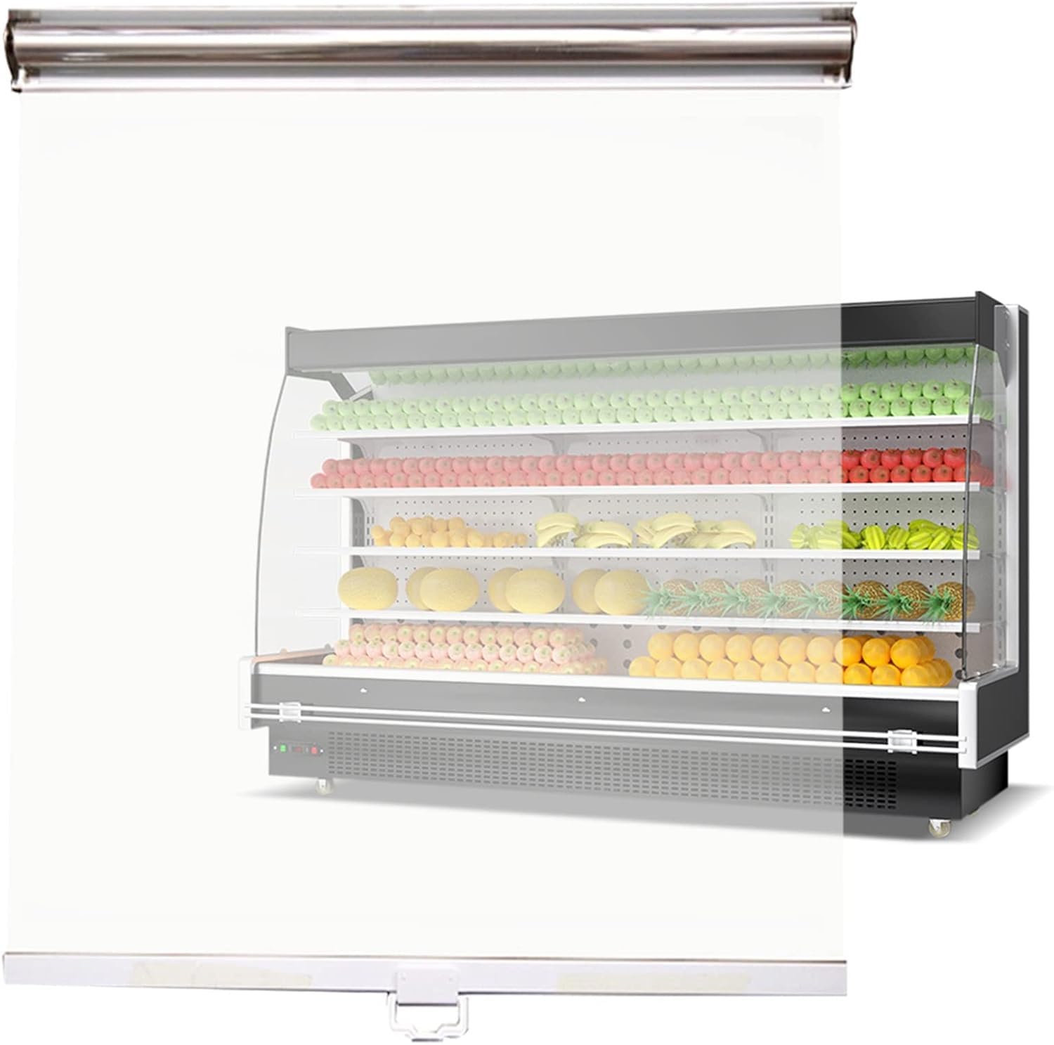 Tenda a rullo in plastica trasparente per vetrine refrigerate commerciali, con maniglia per protezione vegetale