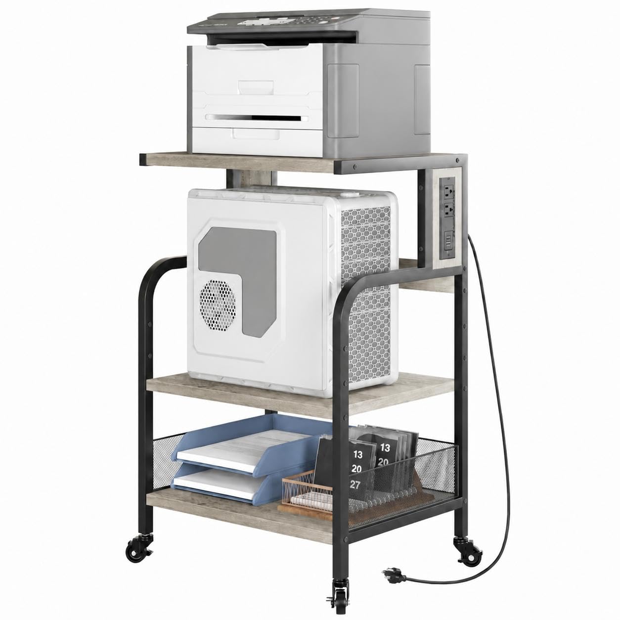 Druckertisch mit Rollen, Druckerständer aus Eisen & PB-Platte, stabiler Druckerwagen mit Ablagefläche 79x52x40 cm, mobiler Bürowagen für Drucker, Laptop, Ordner – für Büro, Homeoffice, Schule（Grau）