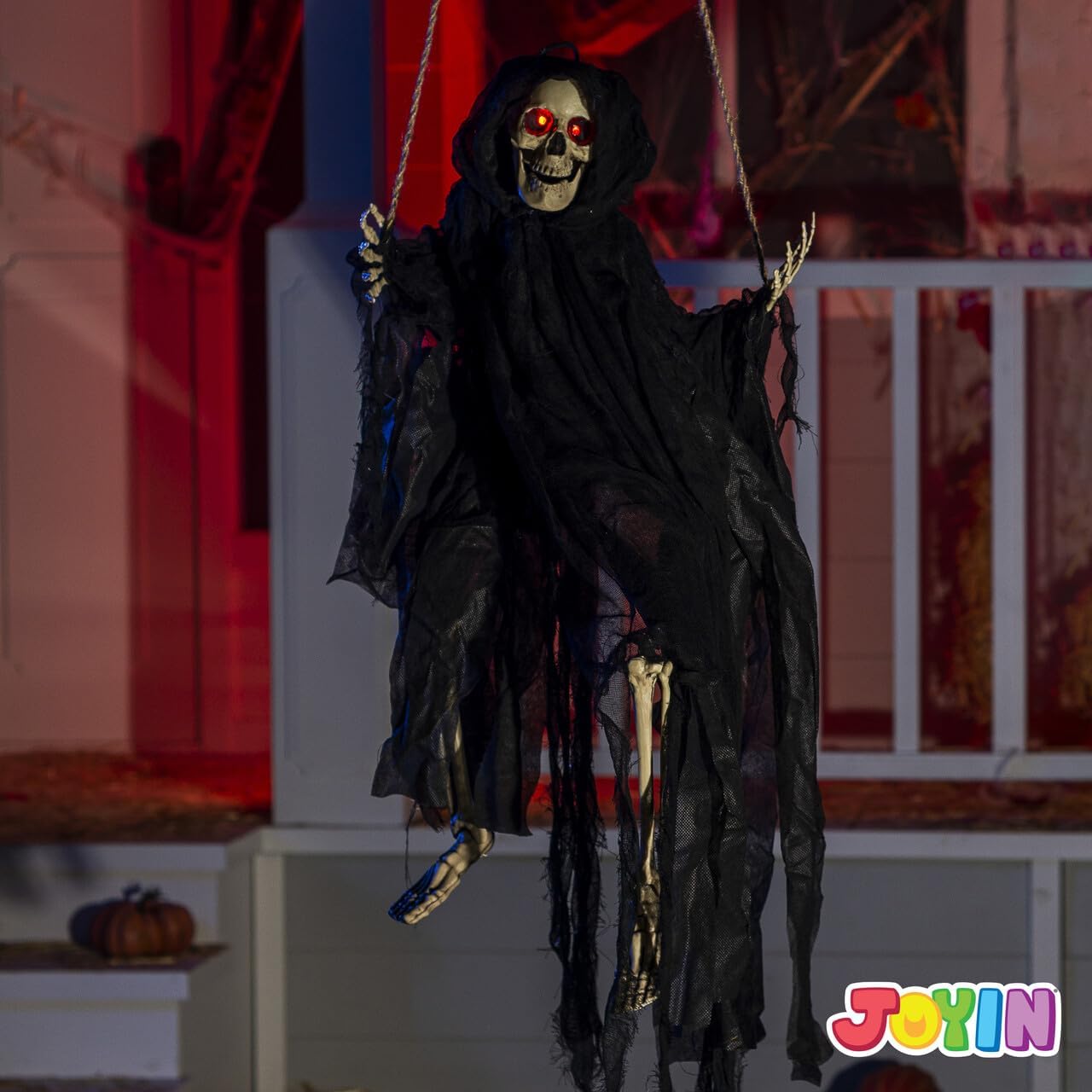 JOYIN 2 sztuki świecących duchów na Halloween z oświetlonymi oczami, kołyszący się szkielet, duchy, dekoracja zewnętrzna, czarno-białe latające duchy na podwórko, patio, trawnik, ogród, przyjęcie