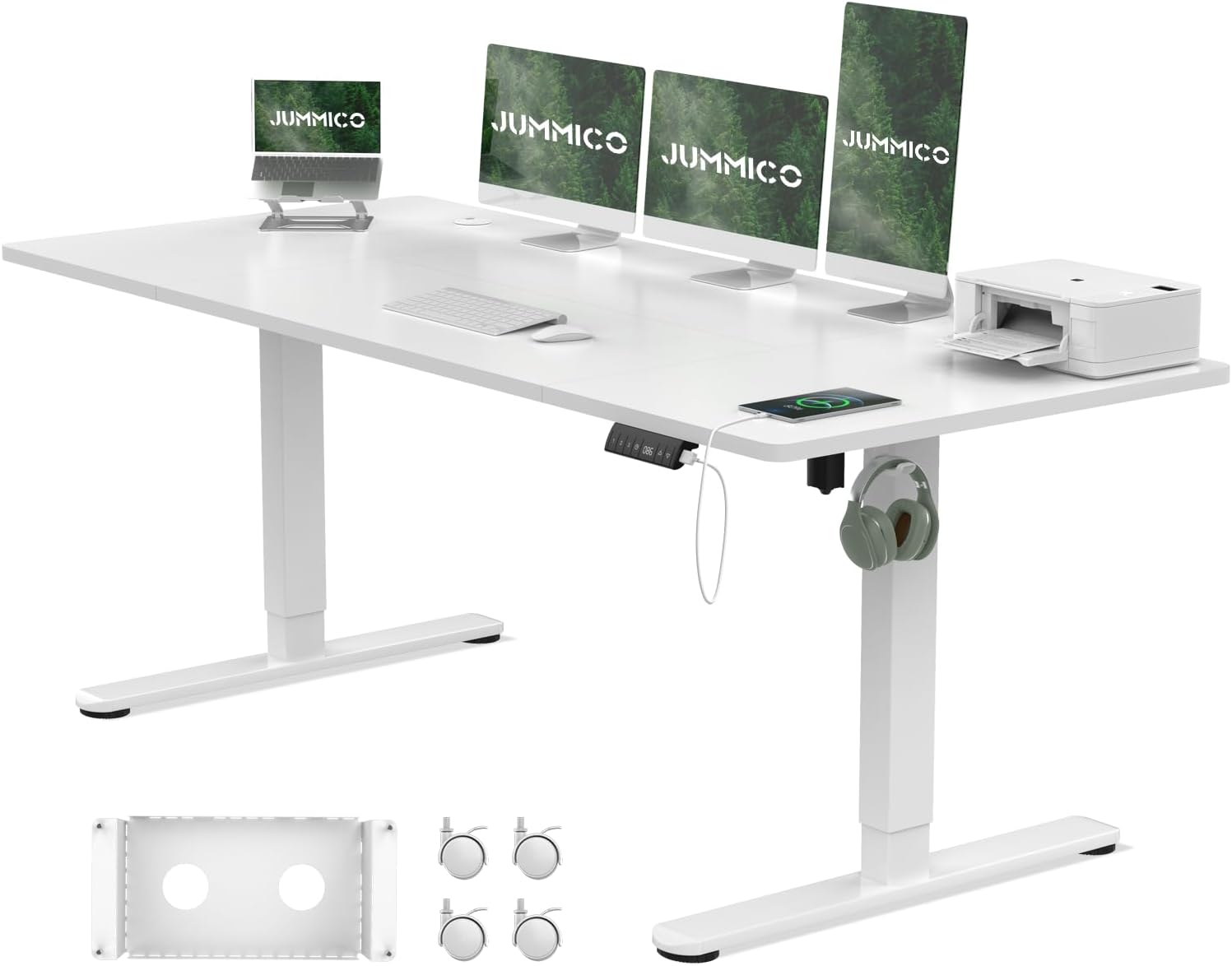JUMMICO Electric Standing Desk 160x80cm with USB Charging, Height Adjustable Computer Desk with Cable Tray and Wheels,Ergonomic Sit Stand up Desk Rising Table Home Office Furniture, White