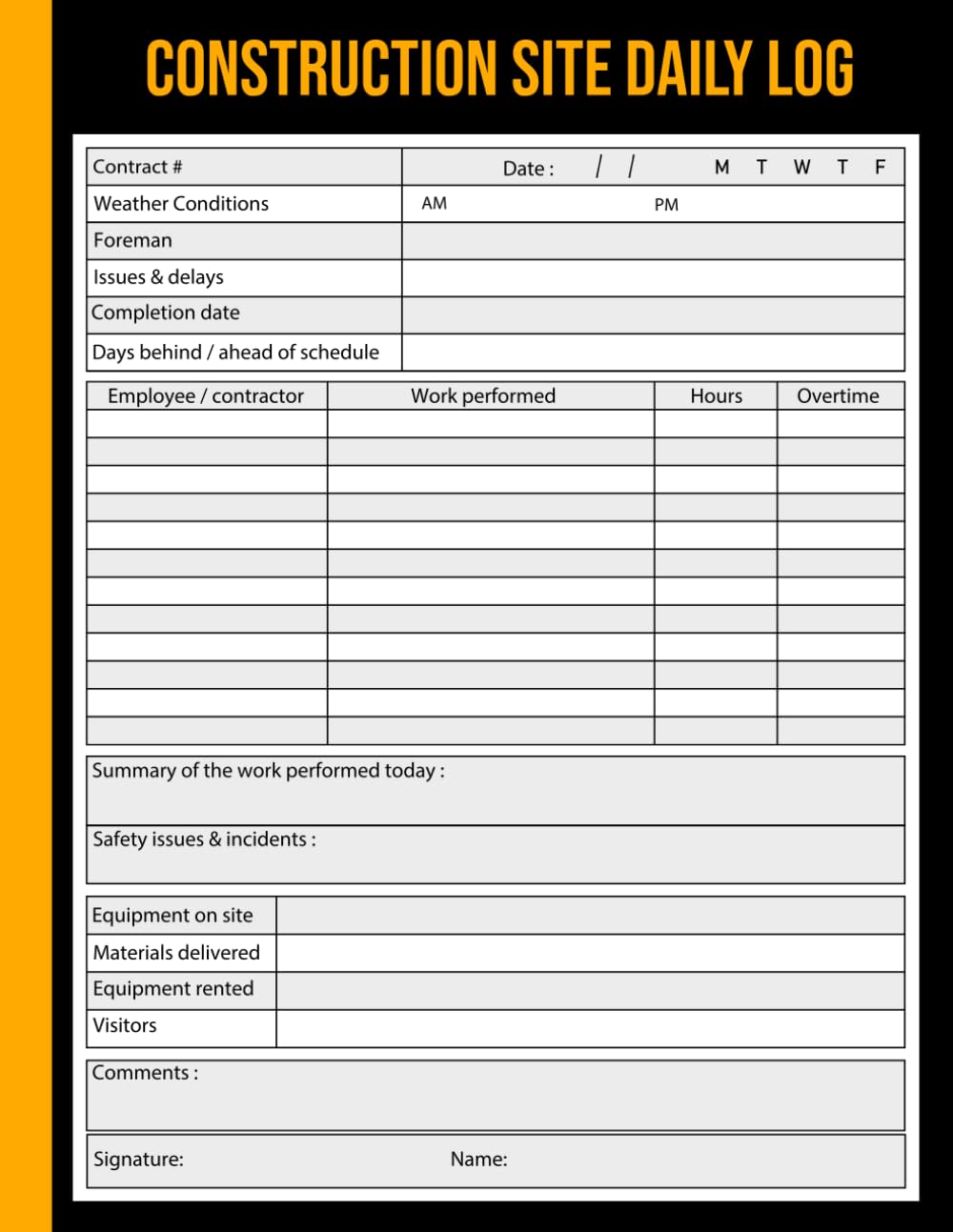 Construction Daily Site Log Book: Jobsite Journal Record Notebook for ...