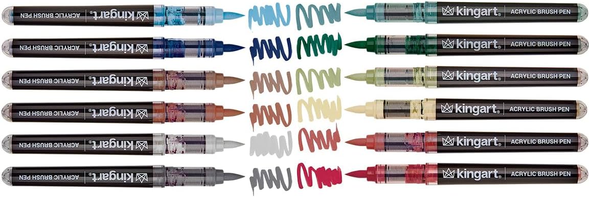 KINGART PRO 12-Piece Acrylic Paint Brush Pen Set – Earth Tone Colors – Flexible Brush Tip for Detailed Illustration and Lettering – Water-Based Opaque Art Markers for Multi-Surface Use