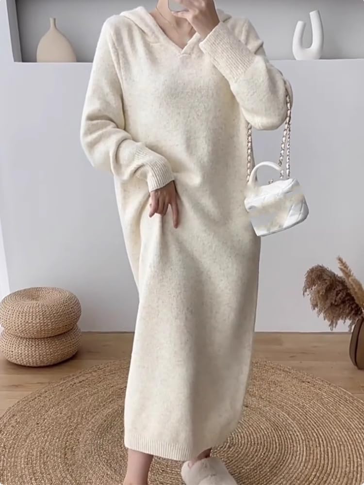 Long Bottoming Knitted Dress for Women in Autumn and Winter with Coat Loose Lazy Hooded Sweater Skirt