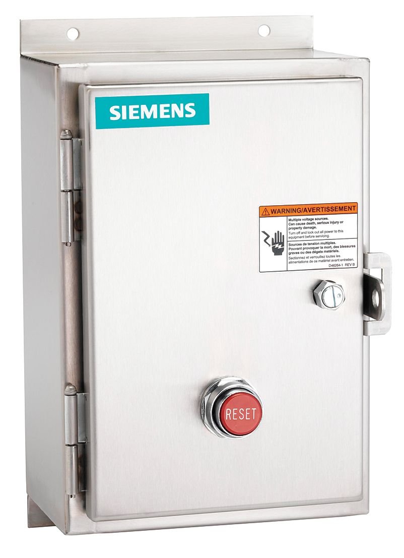 Siemens 14DUB32WF Heavy Duty Motor Starter, Solid State Overload, Auto/Manual Reset, Open Type, NEMA 4/4X Stainless Steel Watertight Enclosure, 3 Phase, 3 Pole, 1 NEMA Size, 0.75–3.4A Amp Range, A Frame Size, 120 Separate Control 60Hz Coil Voltage