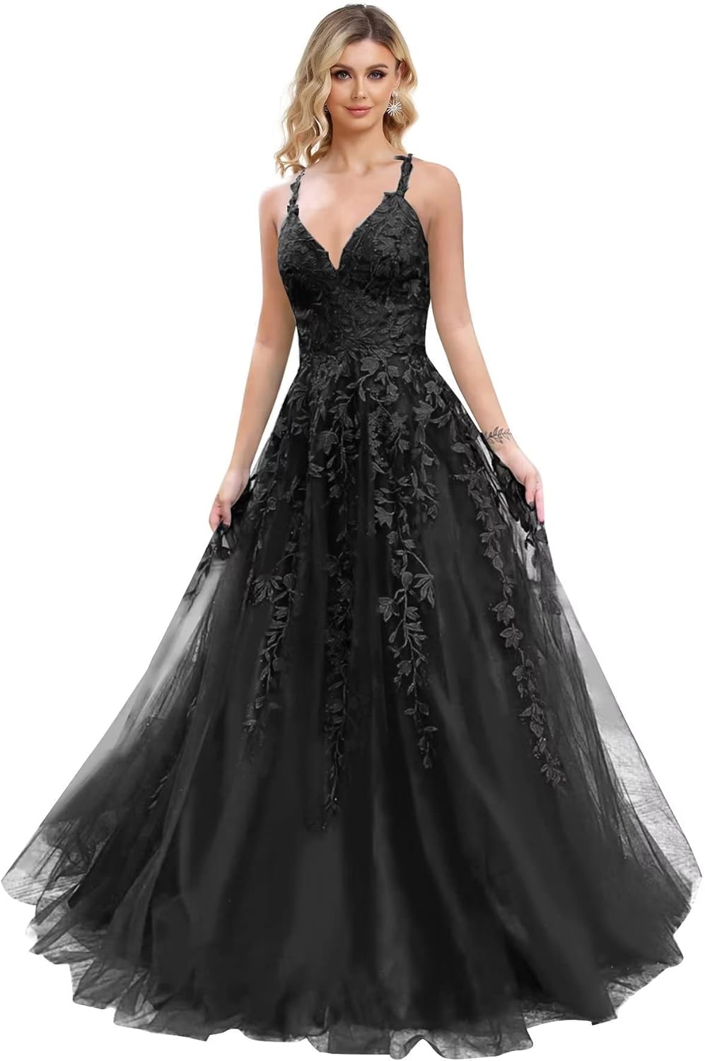 slim fit dress slacks Glitter Black Straps Tulle A-Line Prom Dress with Slit – FancyVestido main image 0