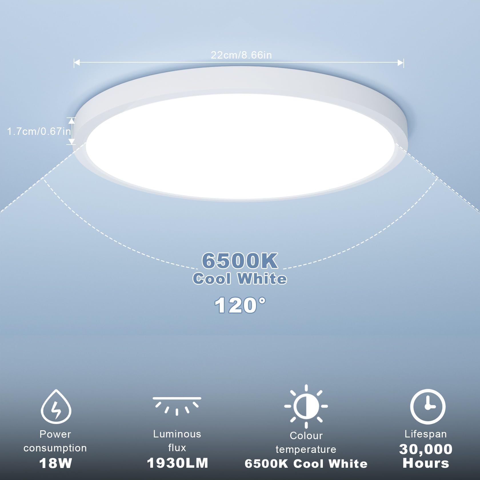 LUTW Bathroom Light, 18W 1930LM Ultra-Thin LED Ceiling Light, 6500K Cool White, Waterproof IP44, Dome, Modern - Image 3