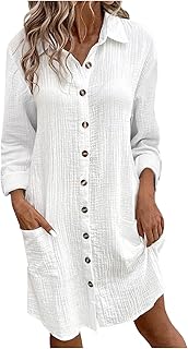 2025 - Cómoda nueva camisa casual de manga larga con botones lisos para mujer, longitud media, vestido casual suelto vestido de playa para mujer azul