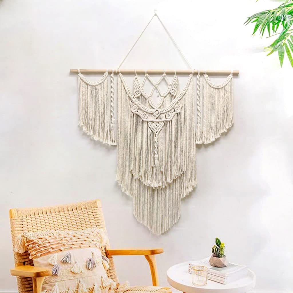 Tapices Macramé Tapiz de Pared nórdico Creativo, Colgante Decorativo de Pared Tejido a Mano con Hilo de algodón y Palo de Madera