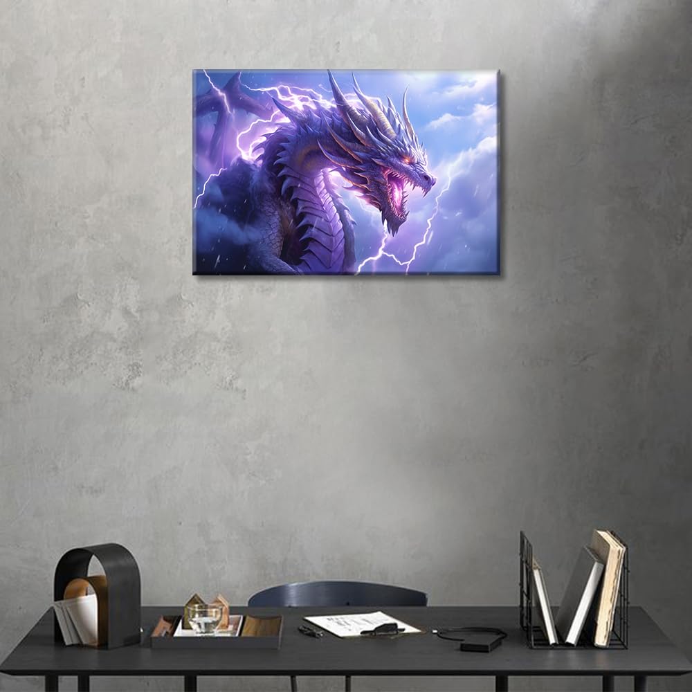 TISHIRON 1 Pieces Dragon Wall Art for Living Room Purple Dragon Pictures Posters & Prints Lightning in the Clouds Wall Decor for Bedroom Modern Artwork Stretched Framed Ready to Hang (16" Wx24 H) - Image 3