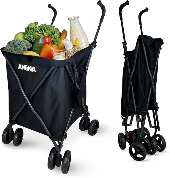 AMiNA Folding Shopping Cart Utility Cart Lightweight Water-Resistant Grocery Cart on Wheels - Collapsible Laundry Cart with Wheels for Groceries Camping Sports Transport Up to 132 Ibs - Black