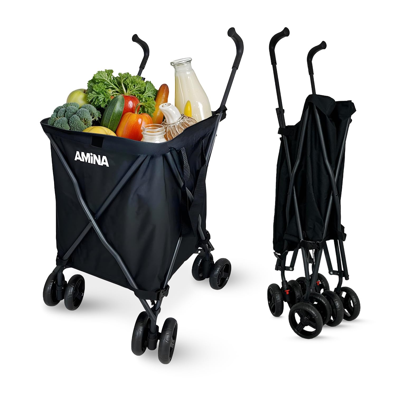 AMiNA Folding Shopping Cart with Wheels 132 lbs Capacity – Lightweight Collapsible Shopping Carts for Groceries, Laundry, Camping, Sports, Travel,