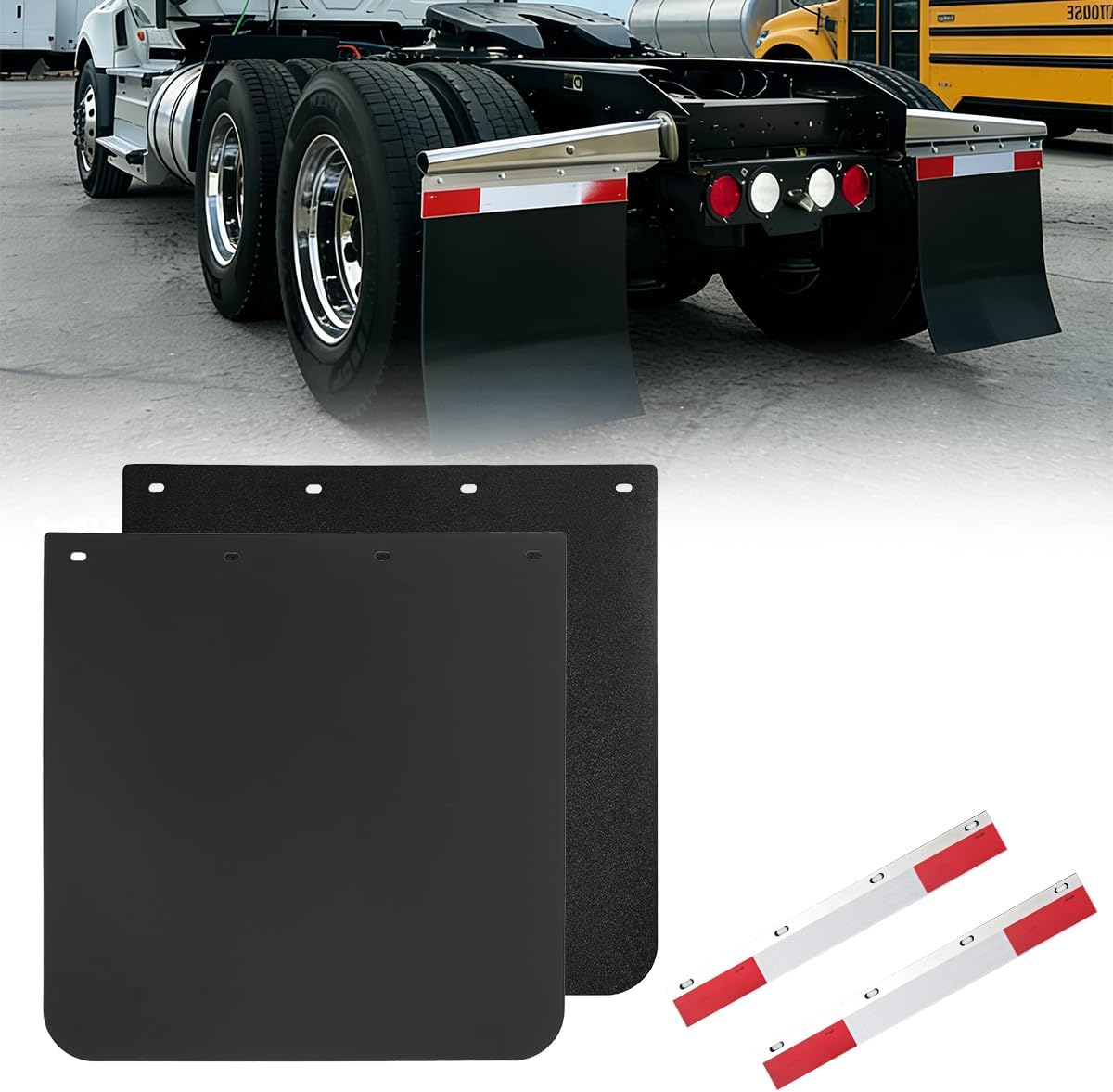 24"x30" Black Polymer Mud Flaps with 24"x3" Reflective Tape, Universal Fit for Semi Trucks, Trailers & Commercial Vehicles, All-Weather Splash Guards, 2 Pack