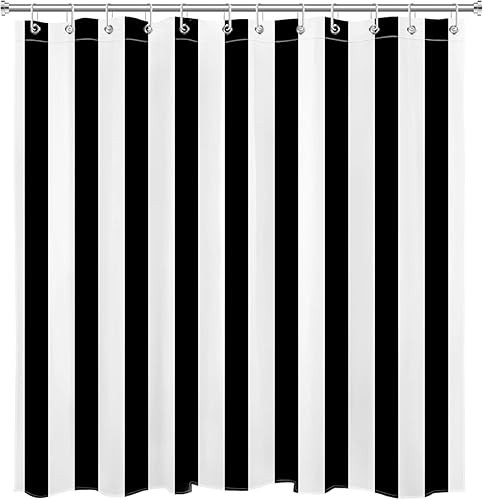 Miniatura 5 de LB Cortina de ducha en blanco y negro, cortina de baño a rayas, tela de poliéster impermeable de 72 x 72 pulgadas, decoración de baño de moda,