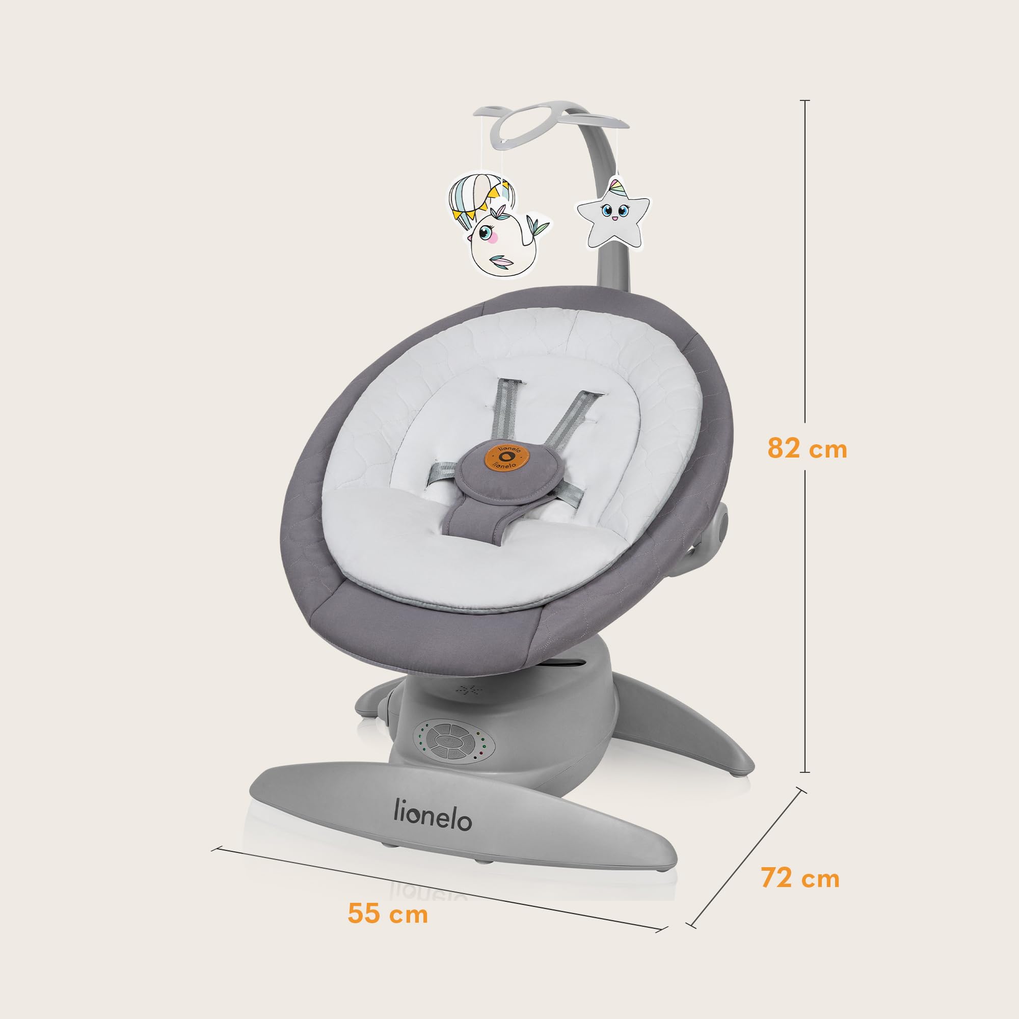 lionelo MELL Mecedora para Bebés 360° Ajustable con 5 Velocidades, Seguridad con Arnés 5 Puntos, 12 Melodías, Bluetooth, Hamaca Ergonómica con Almohada de Bambú, Silla Silenciosa y Lavable (Grey)