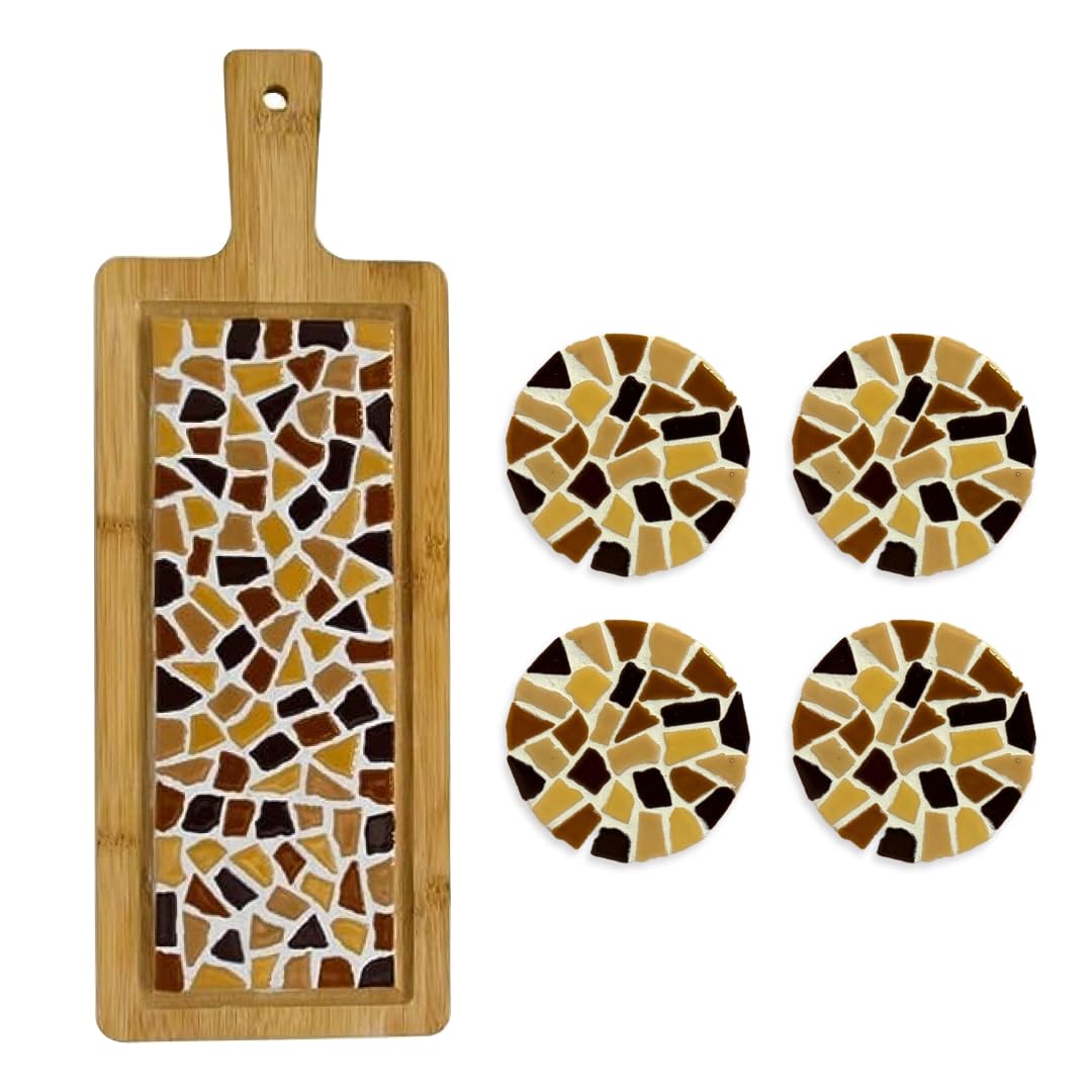 Little Creations - DIY Mosaik Bastelset Erwachsene Beige | 1x Servierplatte & 4x Untersetzter | Komplettes Set aus Mosaiksteinen und Holz | Selbst gestalten und basteln