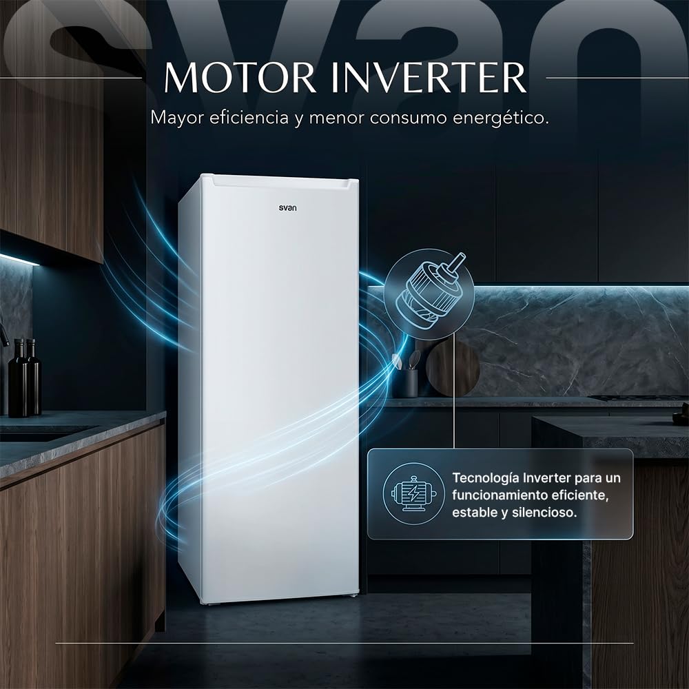 Svan Congélateur Vertical Blanc OCV14355EW00. Capacité 168 Litres, 4 Étoiles, Porte Réversible, Moteur Inverter, Contrôle Manuel, Faible Niveau Sonore, Classe E