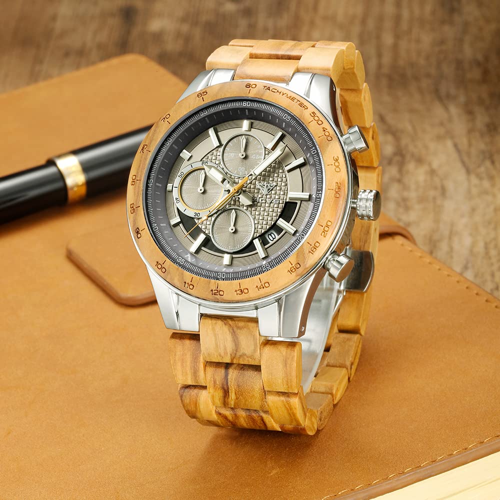 Armbanduhr aus Holz und Edelstahl für Herren, Chronograph mit 3 Zifferblättern, Quarz, Freizeit, Business, Multifunktionsuhr, aus Holz, handgefertigt