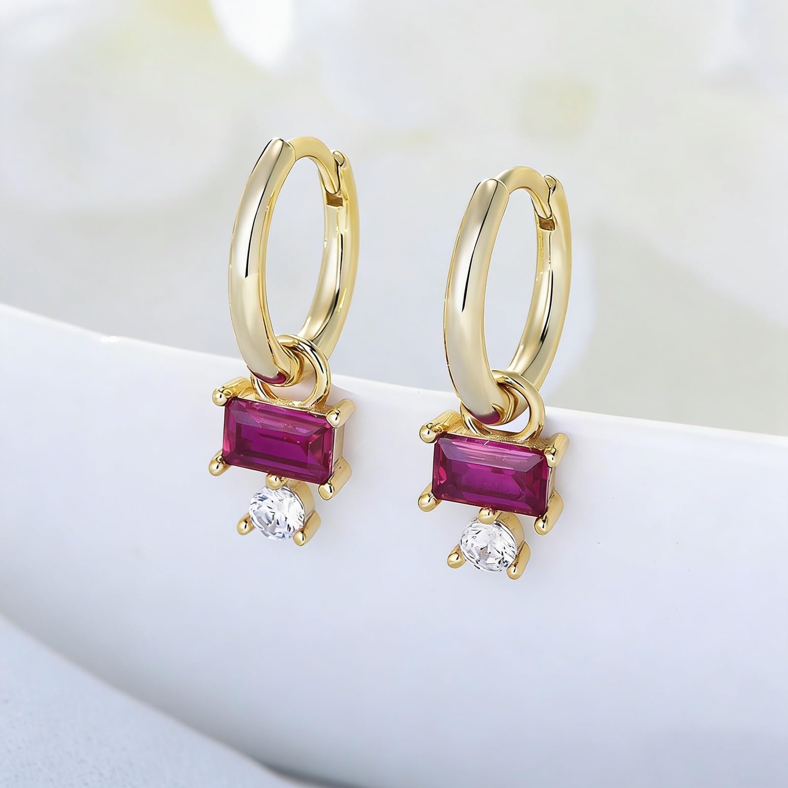 Damskie kolczyki kreolskie białe złoto 750 585 375 z prawdziwego złota, eleganckie kolczyki z prostokątnym korundem i okrągłym Moissanite, na wesele, bez niklu, prawdziwa biżuteria, białe