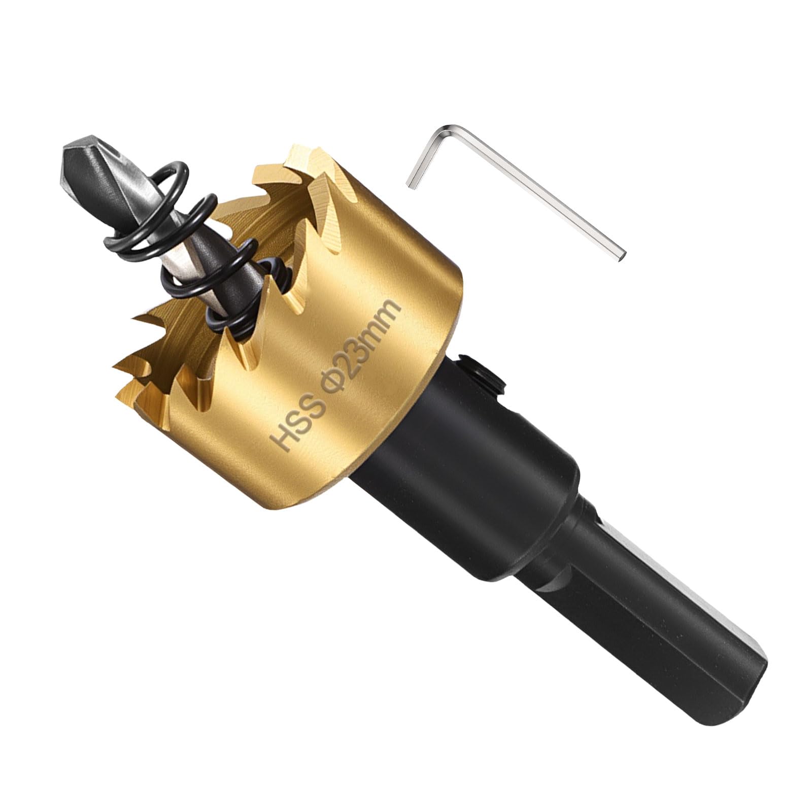 METALLIXITY Hole Saw 23mm (29/32"), 4241 High Speed Steel Hole Cutter with Center Drill Bit, Hex Key and Spring -for Thin Metal, Plastic, PVC Boards. Gold