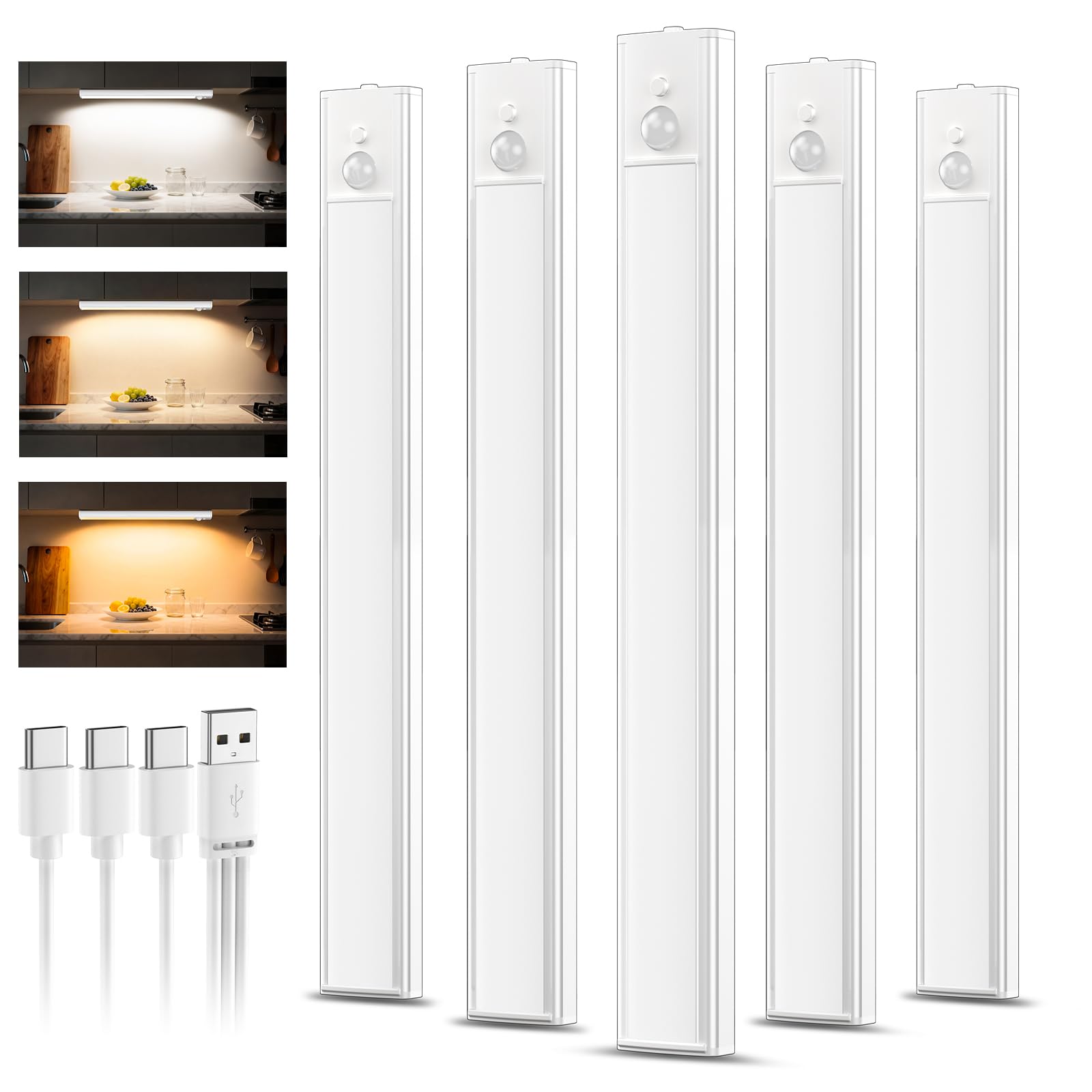 daphomeu 5 luci LED ricaricabili da incasso da cucina, 3 temperature di colore, illuminazione per armadio, luce notturna dimmerabile con sensore di movimento, sensore di movimento per interni