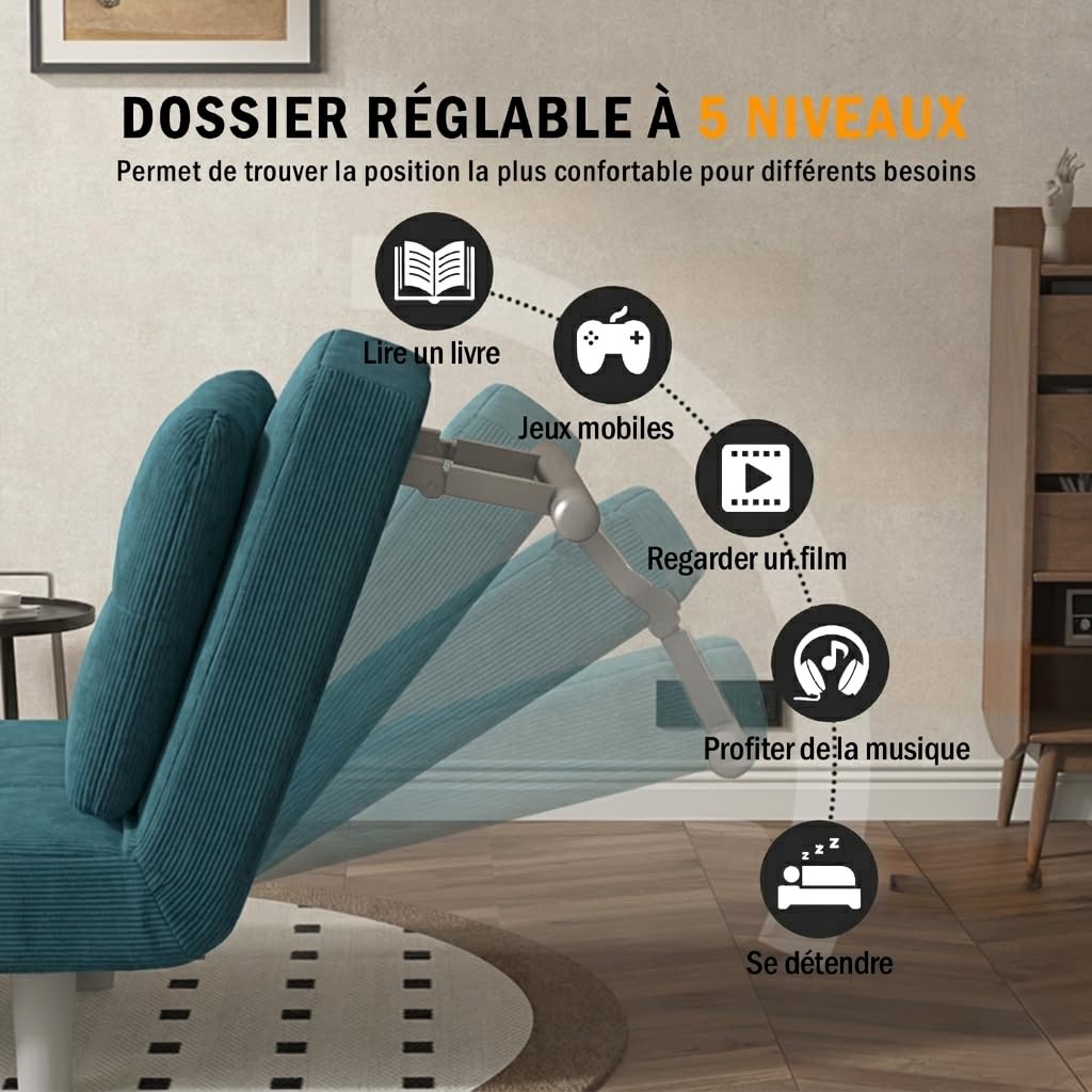 Fabulcozy Fauteuil Convertible 1 Place - Canapé Chauffeuse Lit 4 en 1, Canapé-lit Convertible Dossier Réglable 5 Positions avec Coussin 60x58x77cm