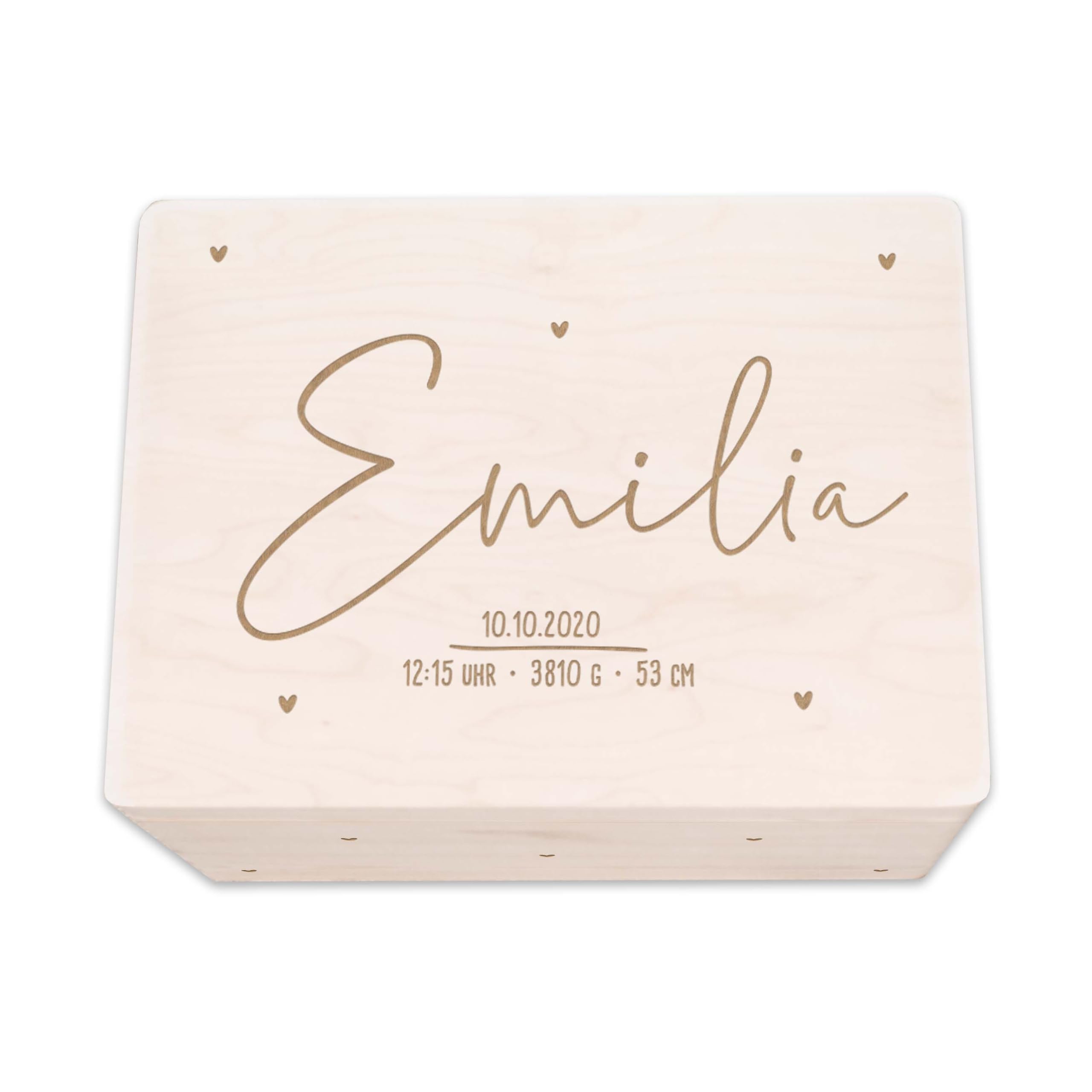 hellomini Personalisierte Erinnerungsbox aus Holz • Gravierte Aufbewahrungsbox mit Namen & Geburtsdaten • Geschenk zur Geburt, Taufe & Geburtstag • Hochwertige Baby-Erinnerungskiste (Herzkind)