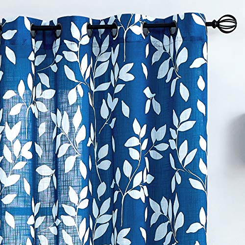 Image of Royal Blue Semi Sheer Curtains for Sliding Glass Door 100 inchx 84 inch Extra Wide Glass Door Curtain Panels Linen Textrued White leaf Pattern Curtain Dripes for Living Room Window Draperies Grommet 1pcs