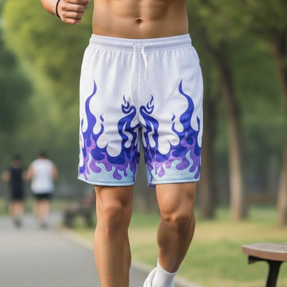 Męskie spodenki do koszykówki z oddychającą siatką, nadruk płomienia, szybkoschnący, luźny, sportowy trening, do treningu letniego, biegania i uprawiania sportu.