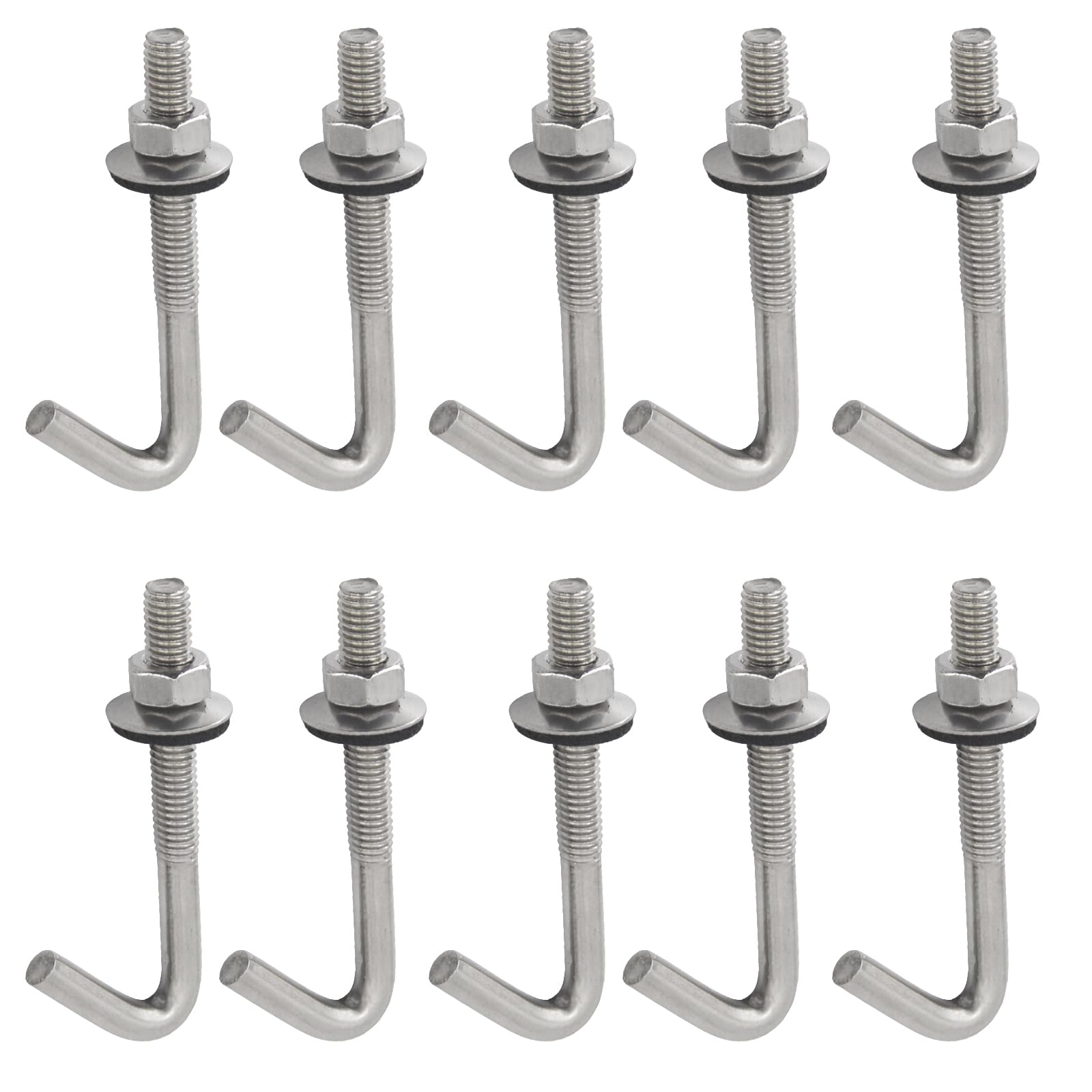 10 Pack J Hook Roofing Bolts M6 304 Stainless Steel Long Shank Roof Concrete Anchor Bolt with Hex Nut and Washer (M6x100mm)