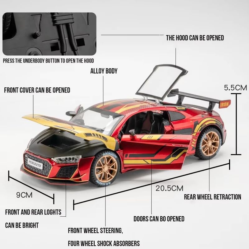 Image of Model 1:24 Audi R8 MTM Model Alloy Metal Pull Back Die-cast Car Openable Doors with Sound and Light Vehicle Car Toy for Kids - Multicolor