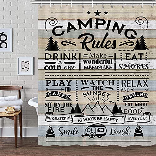 DYNH Camper RV Shower Curtain for Travel Trailer Bathroom, Farmhouse Camping Rules Quote Small Narrow Shorter Fabric Shower Curtains Set, Happy Camp Outdoor Decor Accessories with Hooks 60X72