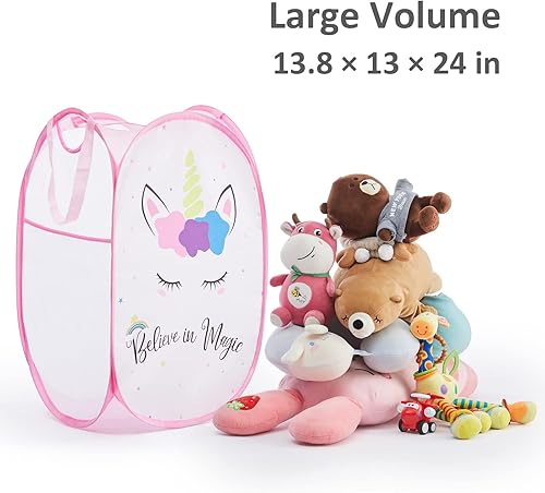 Miniatura 3 de TECHMILLY Cesta de Ropa Sucia de Malla Emergente Plegable con Asas Resistentes y Bolsillo Lateral - Cestas de Ropa Plegables Portátiles para