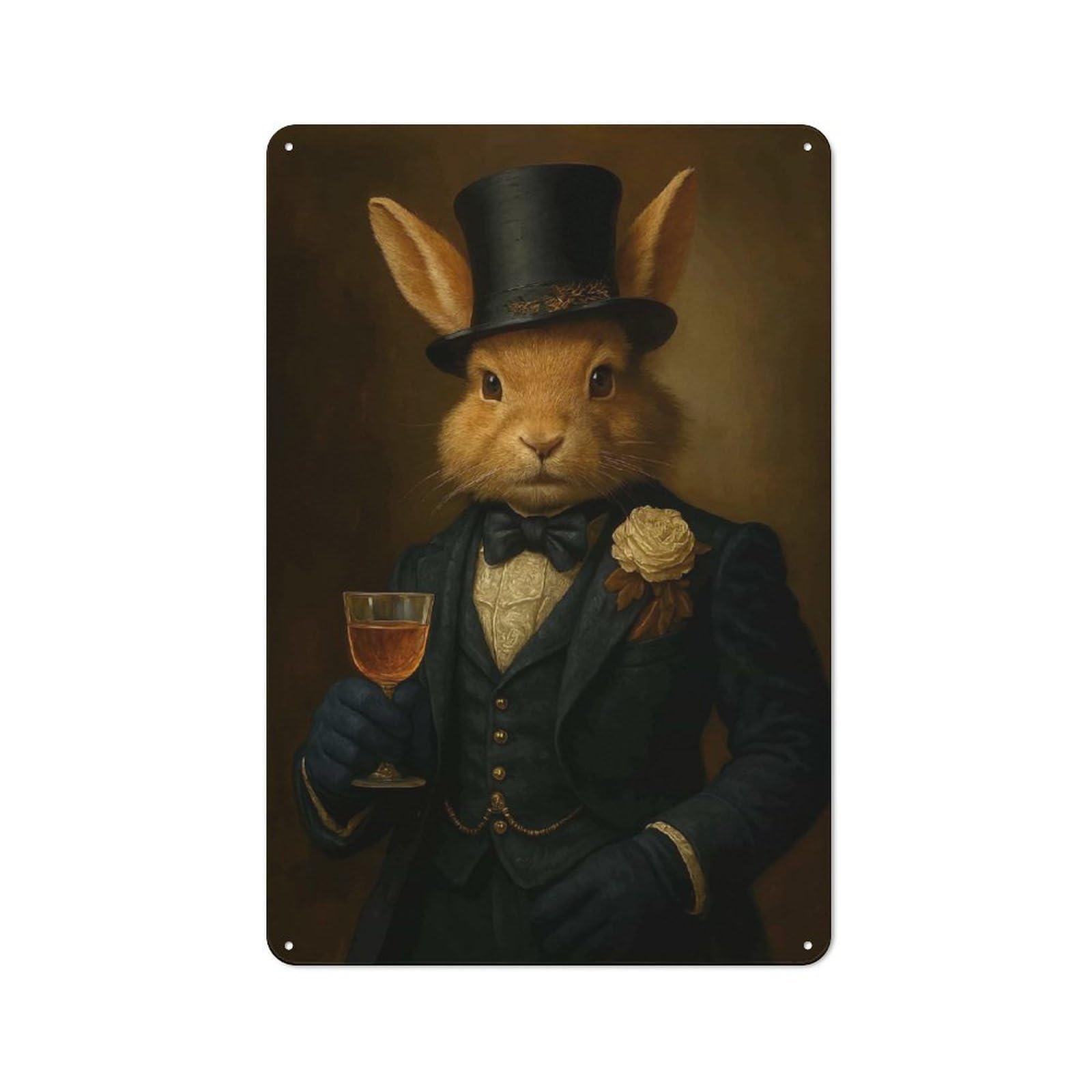 Junmoney Style-15 Dapper Rabbit Portrait With Drink Rustic Metal Plaque 30X20cm For Café Or Restaurant, Wall Decor For People Reorganising Café And Restaurant