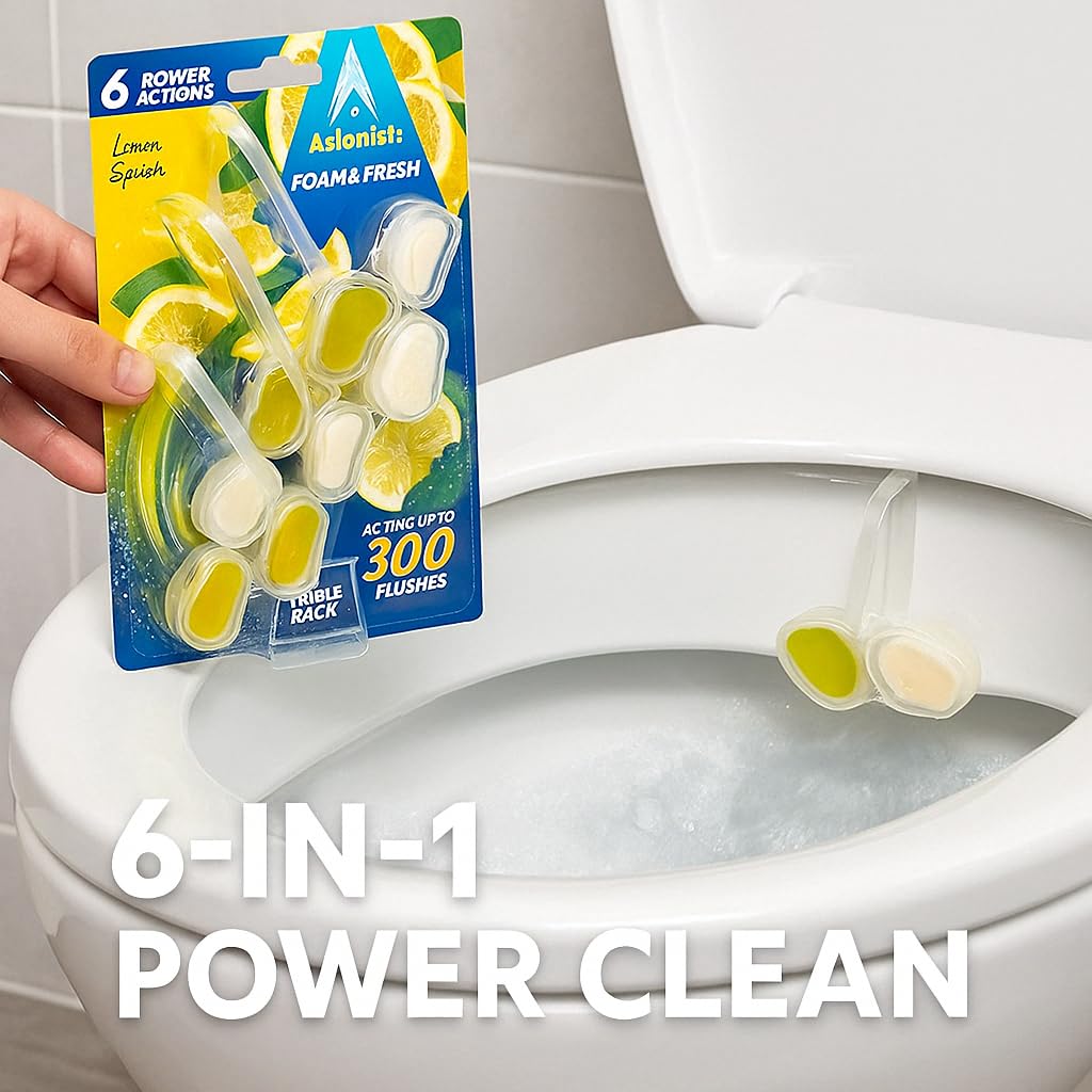 Astonish Foam & Fresh Lemon Splash Toilet Rim Blocks – 3-Pack | 6 Power Actions: Limescale Prevention, Odour Control, Rich Foam | Up to 300 Flushes per Block | Vegan & Cruelty-Free | UK Made - Image 2 thumbnail