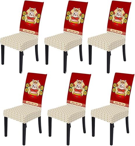 XMNTG Juego de 6 fundas para sillas de Navidad, estilo chino, Año Nuevo de conejo, casa de campo, decorativas, extraíbles y antideslizantes,