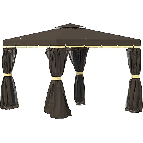 Outsunny 10' x 10' Patio Gazebo, Aluminum Frame Double Roof Outdoor Gazebo Canopy Shelter with Netting & Curtains, for Garden, Lawn, Backyard and Deck, Coffee