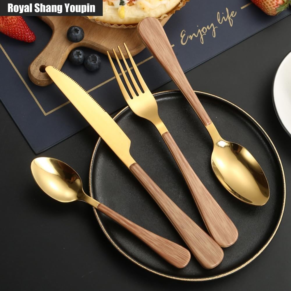 Legno Manico Piatto Cucina Acciaio Inox Argenteria Stoviglie Posate Coltelli Forchette Cucchiai Set Hotel Casa Bistecca Coltello Dessert Cucchiaio (Oro,16 pezzi)