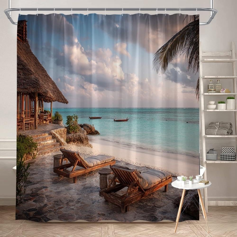 Glwdmb A-14 1 Piece 180X200cm Tropical Ocean Sunset Scenery Printed Shower Curtain With Hook, Polyester, For Windows And Walls, Bathtub, Bathroom, Machine Washable, All Season Universal