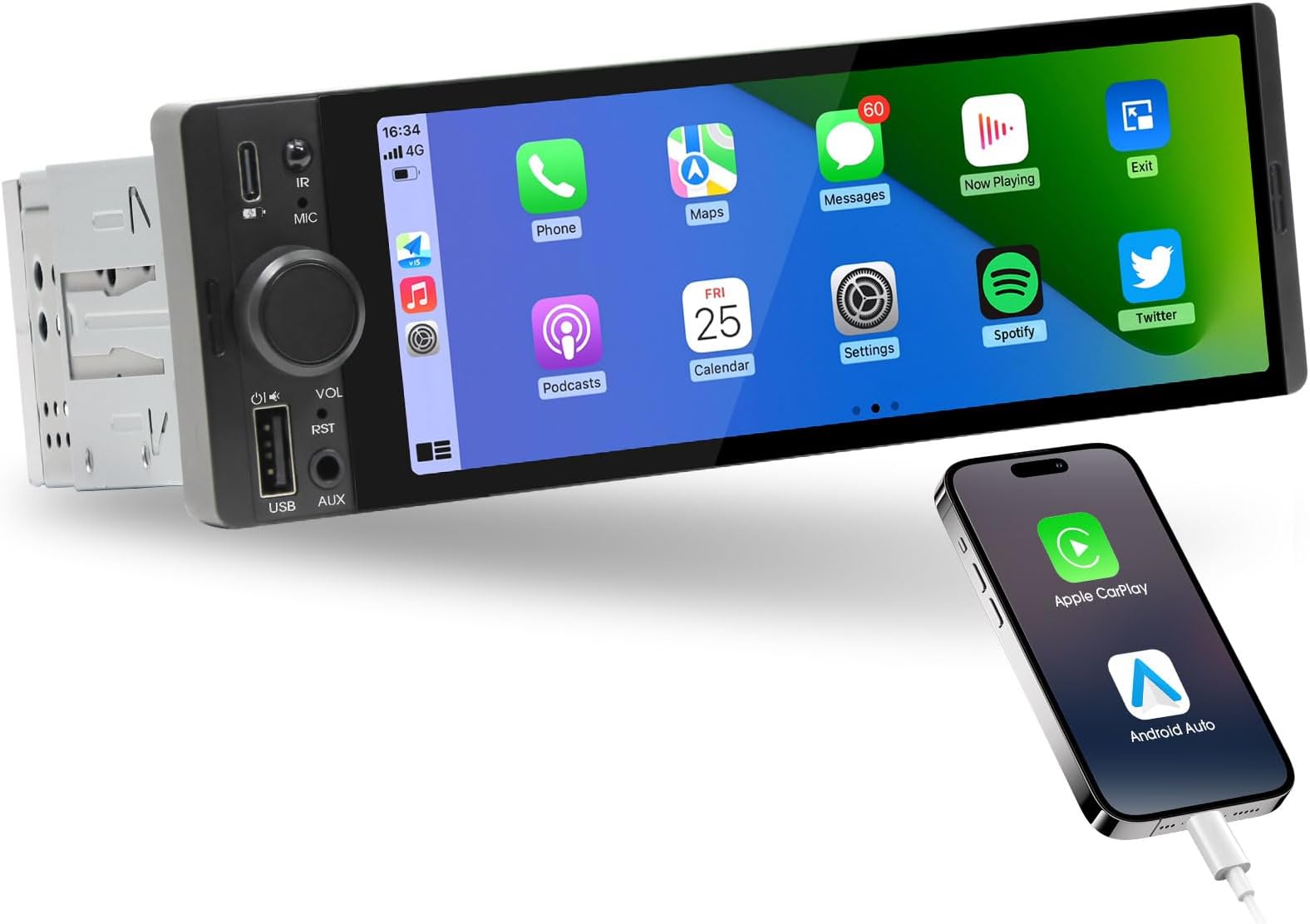 AKAMATE Single Din CarPlay Stereo: Android Auto Touchscreen Car Radio for Classic Vehicles - 6.5 Inch IPS Display GPS Navigation Voice Control Bluetooth AM FM Type-C Charge USB AUX