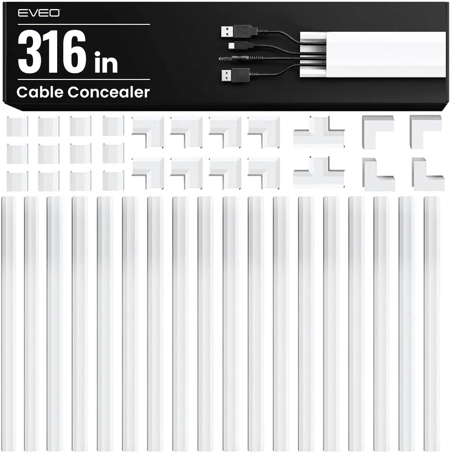 EVEO Cord Hider - Cubierta de Cable de Pared de 306 Pulgadas, ocultador de Cables, ocultador de Cables para TV en Pared, gestión de Cables, ocultador de Cables de Pared para Cables, 18X (L17 W1.1