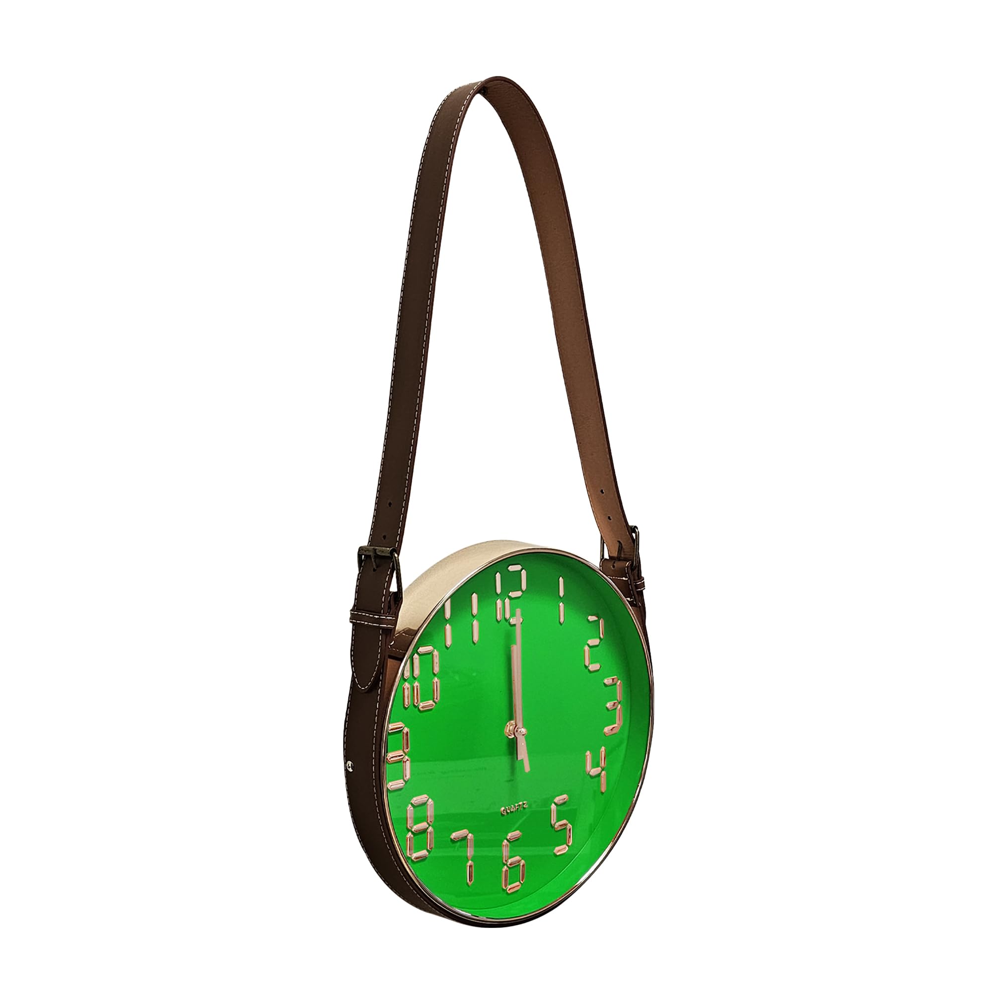 LEDSone Wall Clock Hanging Leather Belt Round Creative Wall Clocks with Battery Operated Quartz for Living room, Hallway (Green)
