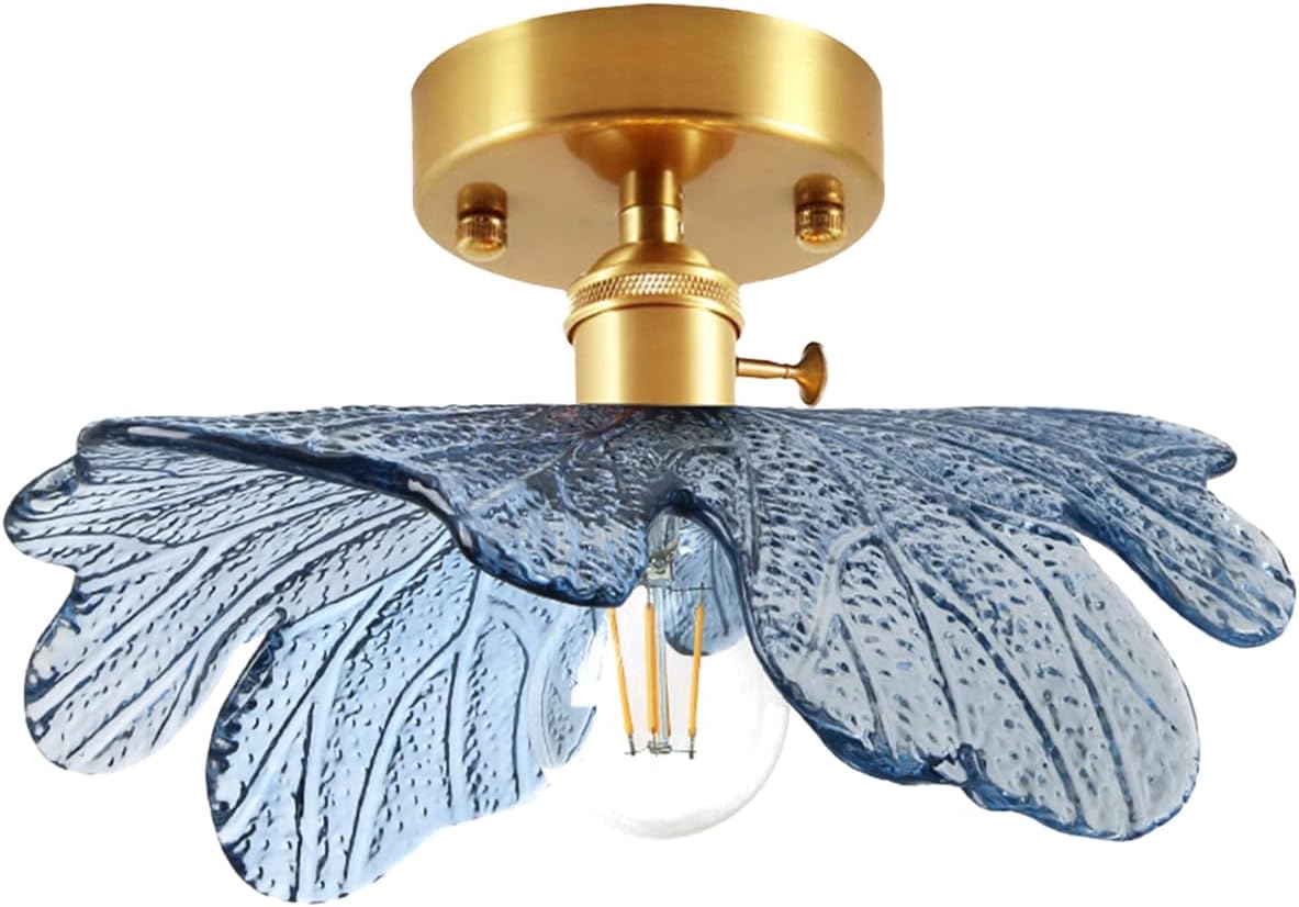 Vintage Brass Flush Mount Ceiling Light Fixture Small Glass SemiFlush Mount Ceiling Lights Blue Flower 9.8″ Glass Shade Mid Century Compact Lights for Closet Hallway Entryway Porch