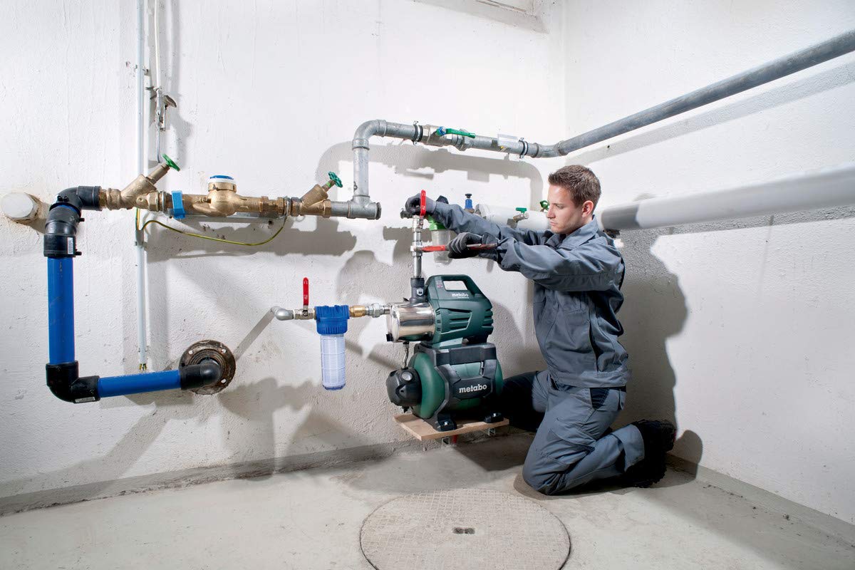 Metabo Hauswasserwerk HWW 6000/25 Inox (600975000) Karton, Nennaufnahmeleistung: 1300 W, 6000 l/h, Max. 55 m & Güde 94460 Schmutzfilter Kurz Sandfilter Vorsatzfilter, 1 Stück (1er Pack)