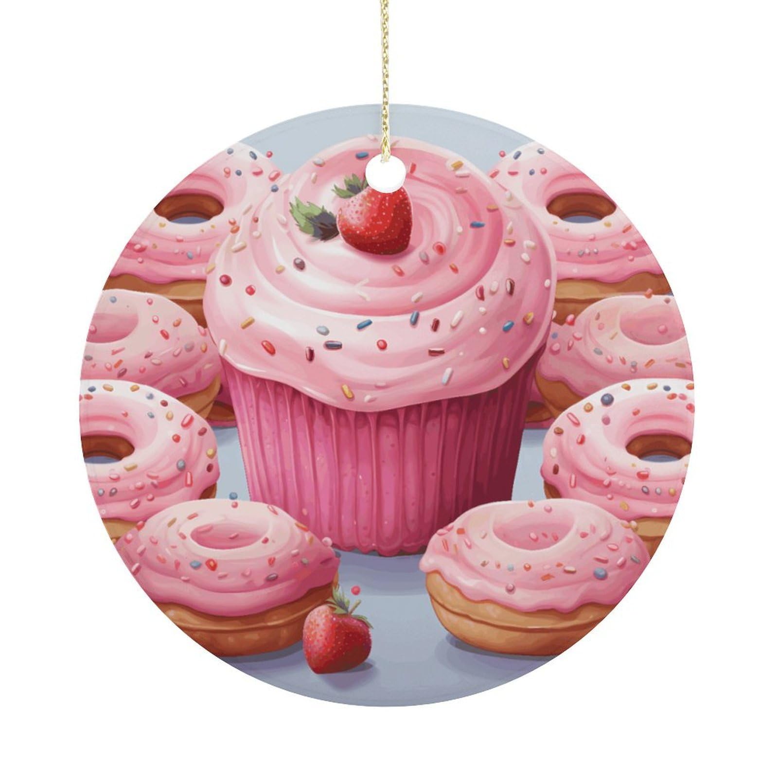 Pink Donut and Cupcake Christmas Ornament,Round Ceramic Ornaments Personalized Christmas Tree Ornament for Holiday Porcelain Keepsake Gifts Ideas Home Decor
