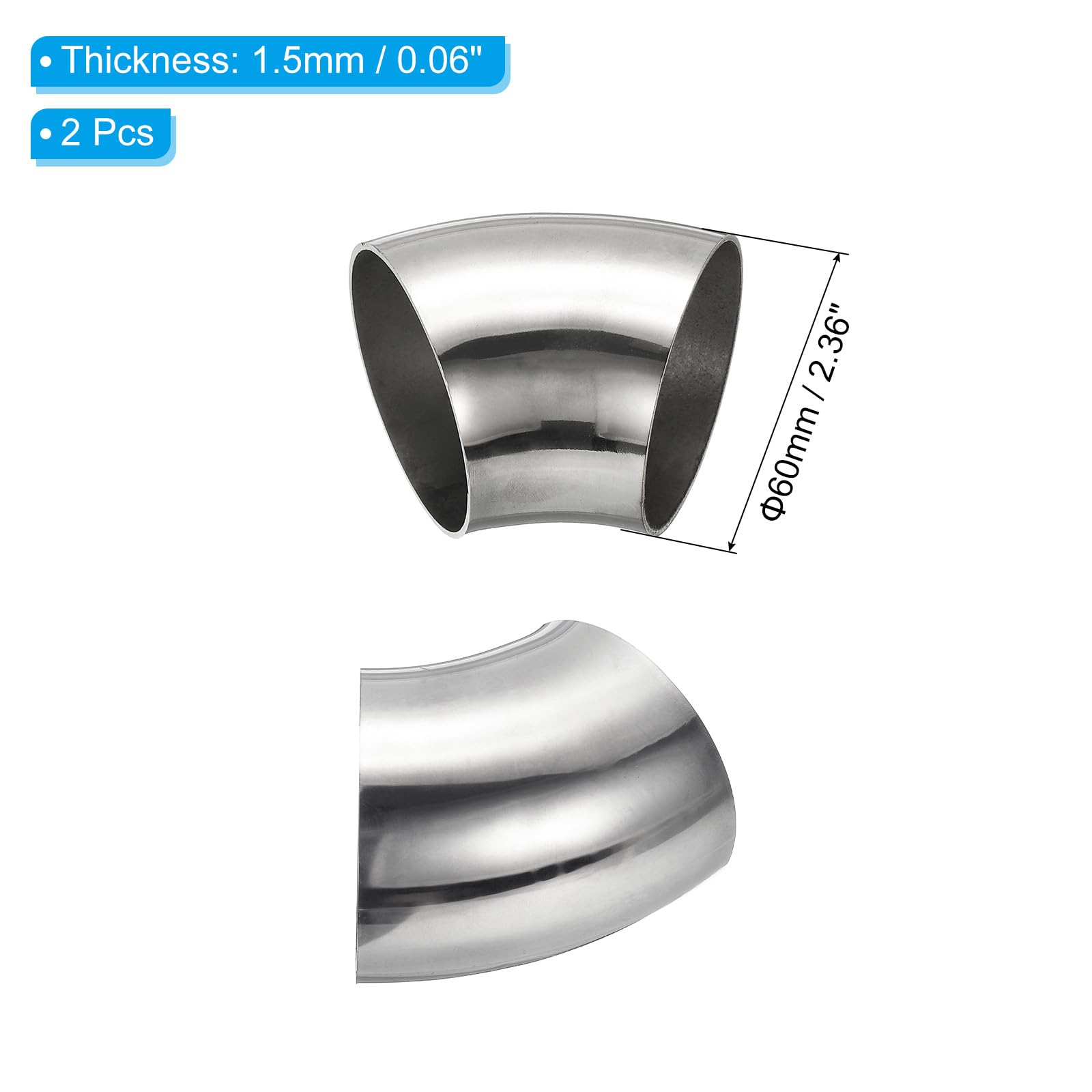 PATIKIL 2pcs Coude À 45 Degrés Mandriné, 60mm OD Acier Coude D'échappement Connecteur De Tuyauterie D'échappement 304 Acier Inoxydable Pour Tuyau D'échappement Main Courante HVAC