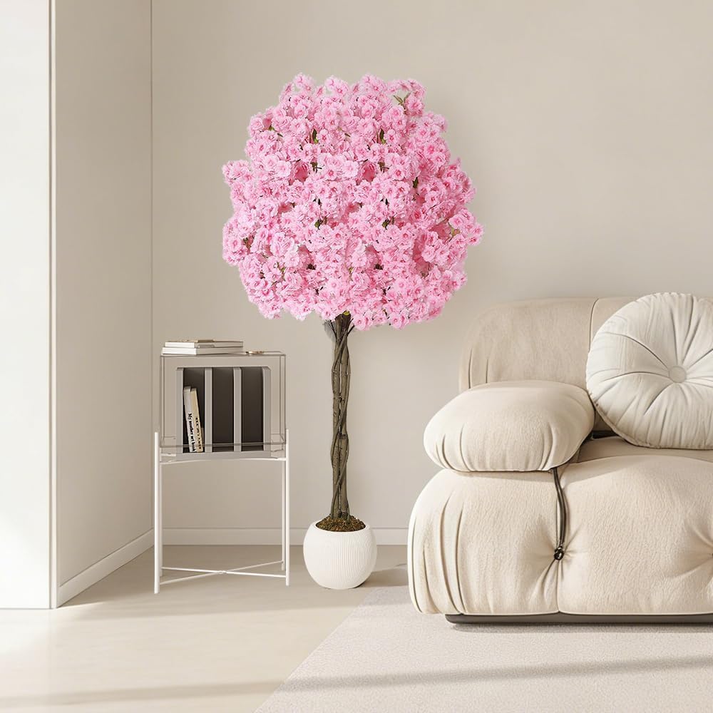 6Ft Artificial Cherry Blossom Tree, Pink Silk Flowers with Natural Wood Trunk, Realistic Fake Tree in Decorative Pot for Home Decor Indoor, Living Room, Office, Wedding, Spring Decoration