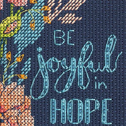 Image of Dimensions 70-65221 Be Joyful in Hope Floral Counted Cross Stitch Kit for Beginners, 14 Cnt. Navy Aida, 5 inch x 7 inch